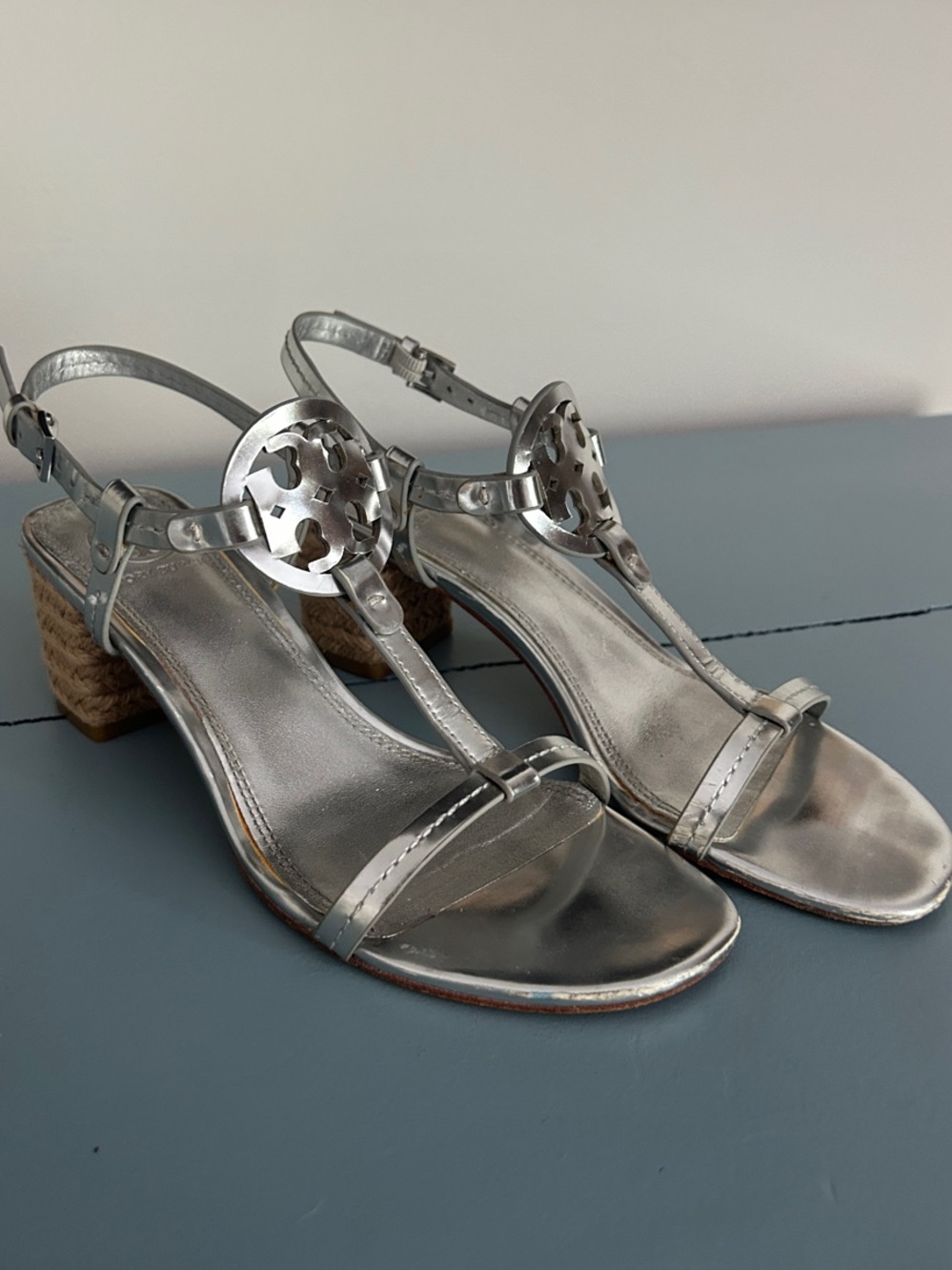 Tory Burch Silver Metallic T-Strap Slingback Block Heel Sandals